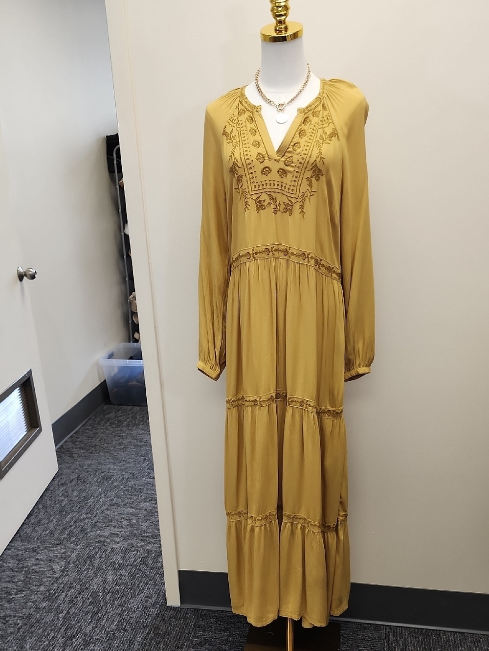 Old Navy Mustard Embroidered Boho Maxi Dress Long Sleeve Tiered Size Medium